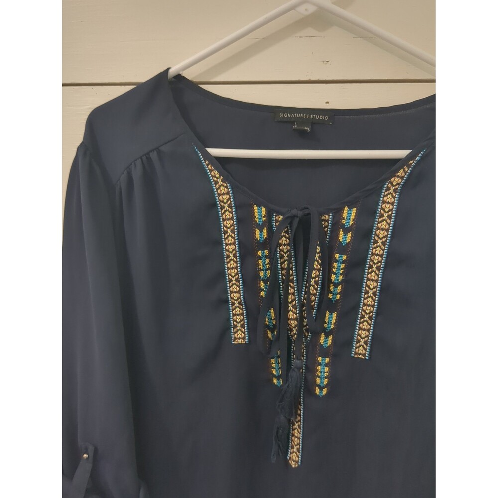 Signature Studio XL Navy semi sheer boho top winter coastal